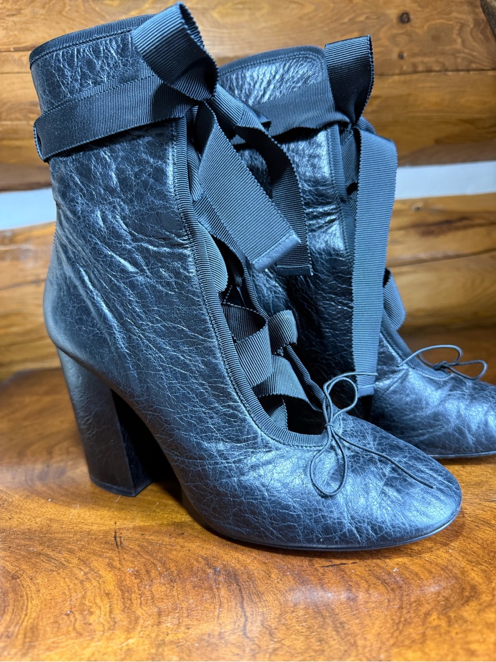 Valentino Black Leather Ribbon Lace Ankle Heels